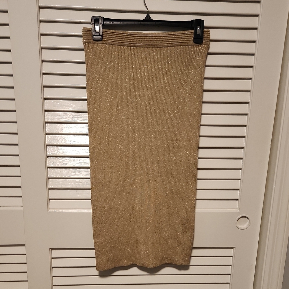 MICHAEL Michael KORS Gold Ribbed Knit Midi Skirt